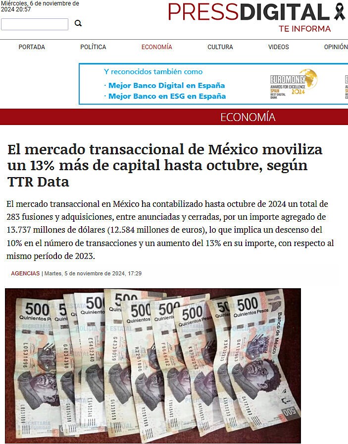 El mercado transaccional de Mxico moviliza un 13% ms de capital hasta octubre, segn TTR Data